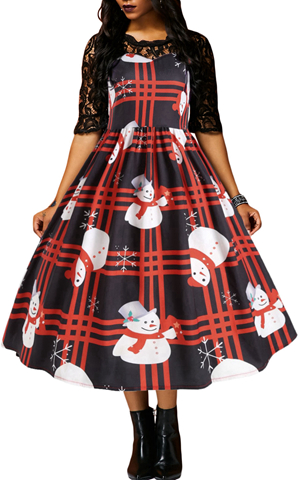 BY610920-3 VINTAGE SNOWMAN PLAID РОЖДЕСТВЕНСКОЕ ПЕЧАТЬ РАСПЫШЛЕННОЕ ПЛАТЬЕ